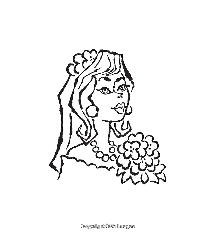 Black And White Illustration of a Stylish Bride Holding Flowers