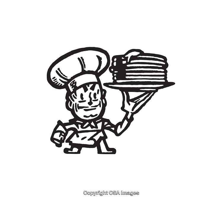 Cartoon Chef Holding a Pancake Stack on a Serving Plate Illustration