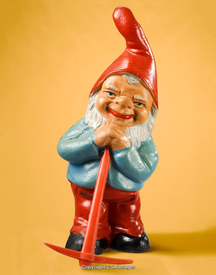 Colorful Garden Gnome Figurine Holding a Red Tool on Solid Yellow Background