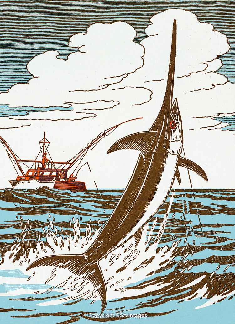 Illustrated Swordfish Jumping from the Ocean Near Fishing Vessel in Action