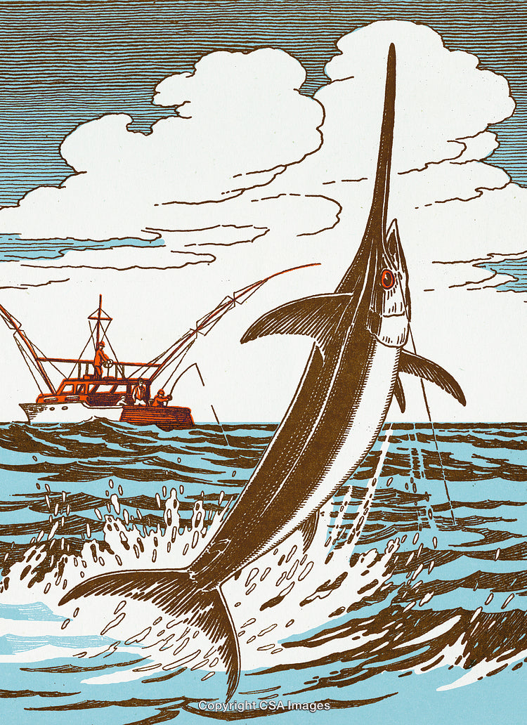 Illustrated Swordfish Jumping from the Ocean Near Fishing Vessel in Action