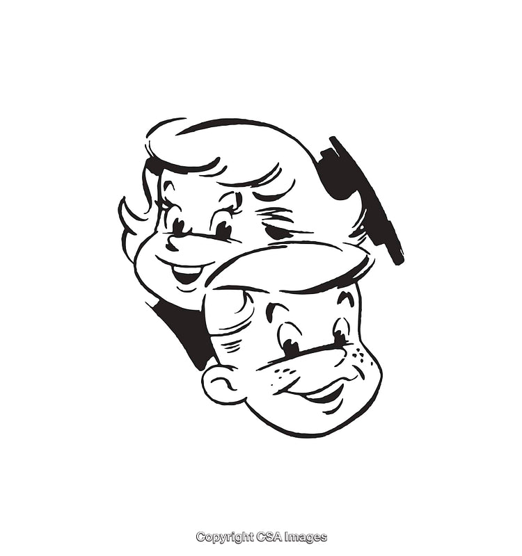 Vintage Black And White Line Art With Happy Cartoon Characters