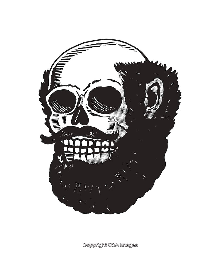 Intricate Black and White Illustration of a Skull With Beard and Mustache