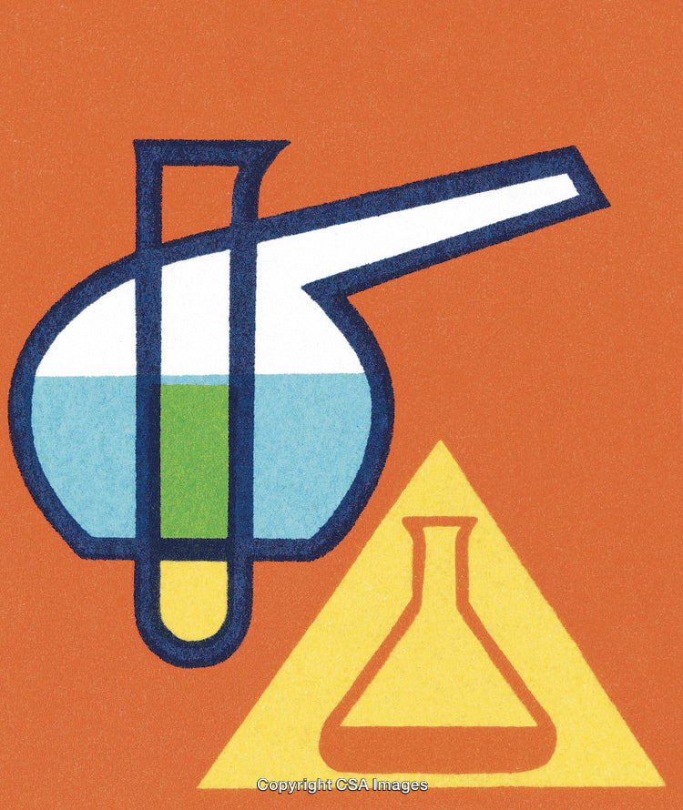 Laboratory Glassware and Scientific Symbols on Minimalist Orange Background