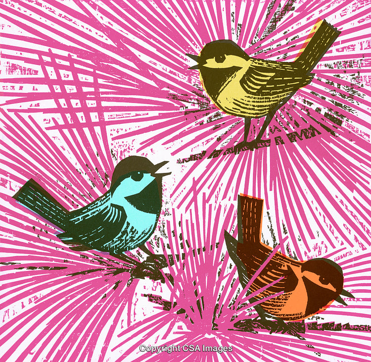 Colorful Retro Illustration of Birds Among Abstract Patterned Branches