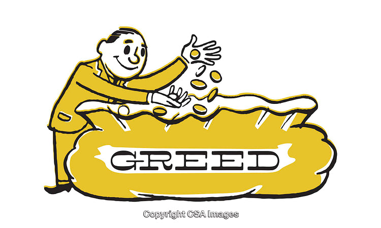 Cartoon Illustration Representing Greed and Wealth Accumulation with Gold Coins