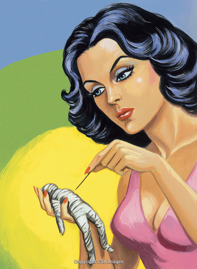 Woman Concentrating on Voodoo Doll with Intense Focus in Stylized Artwork