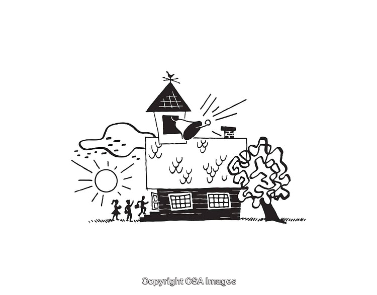 Whimsical Hand-Drawn Illustration of a Schoolhouse with Playful Children Outdoors