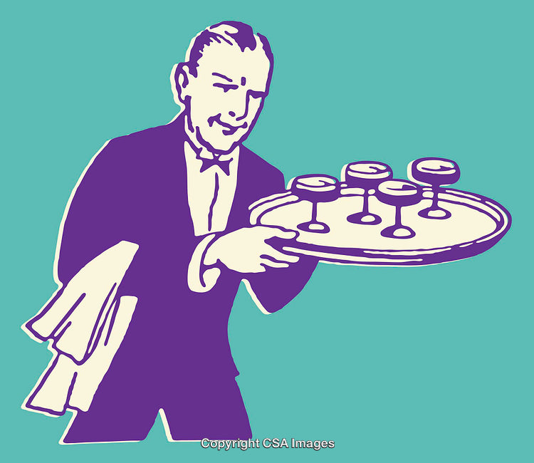 Retro Style Illustration of Butler with Tray and Glasses