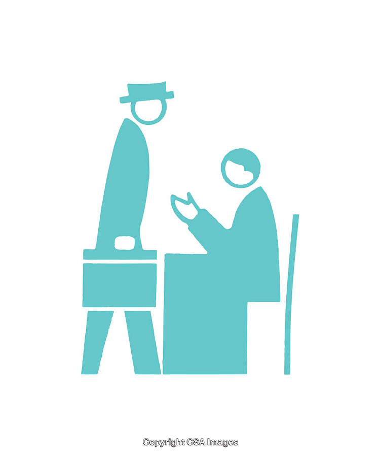 Simple Blue Icon Depicting a Business Meeting Interaction Between Two Figures