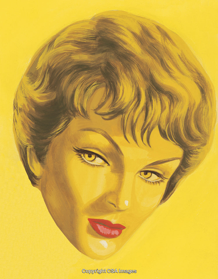 Vintage Illustration of a Woman's Portrait with Golden Tones on a Yellow Background
