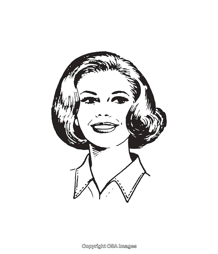 Retro Styled Black and White Line Art of a Smiling Woman