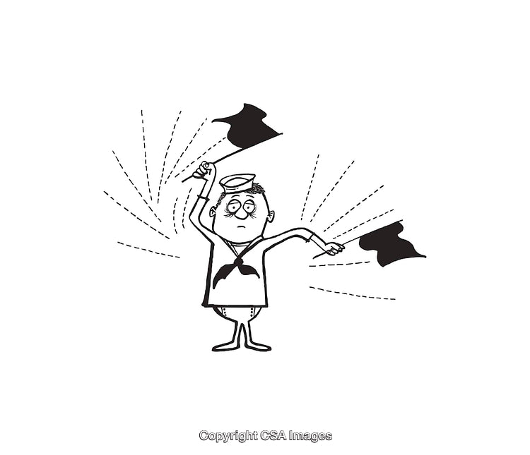 Cartoon Sailor Using Semaphore Flags in Black and White Line Art Style