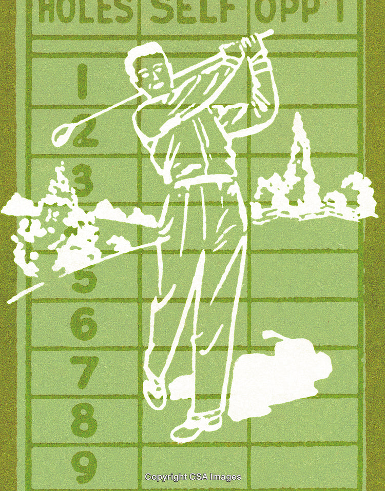 Illustration of a Golfer Swinging Against a Background of Scorecard