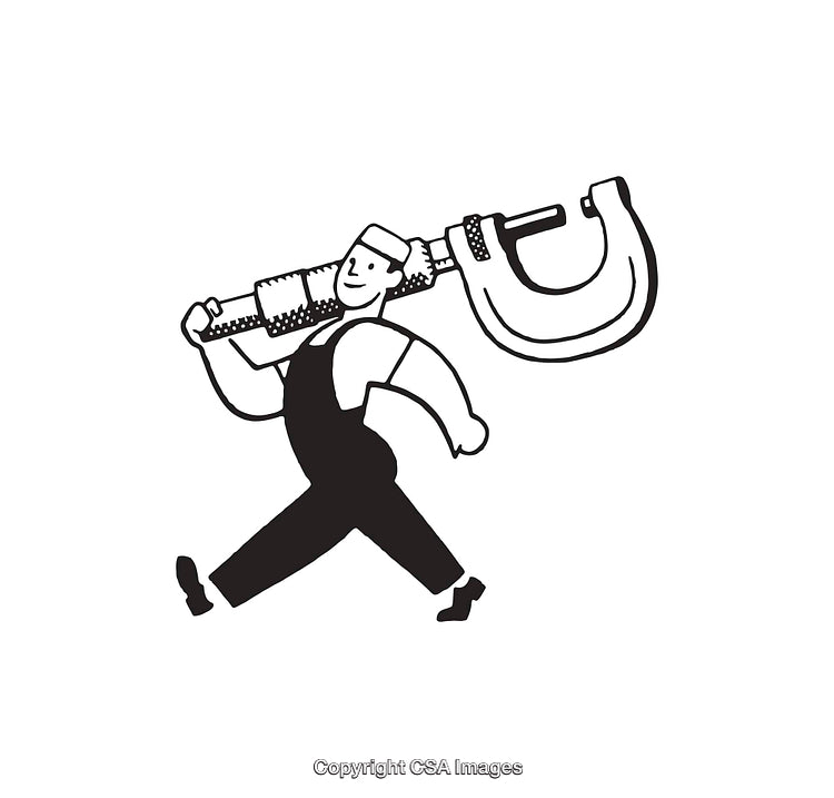 Black and White Illustration of Worker Carrying a Large Caliper Tool