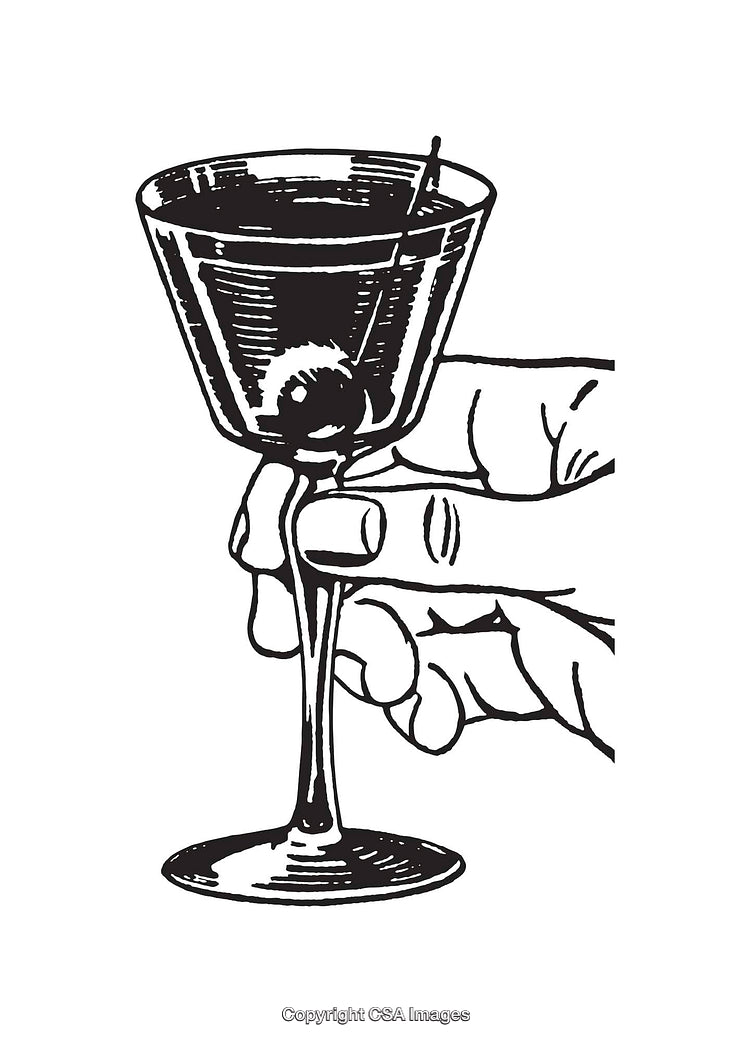 Black and White Line Art of Hand Holding a Cocktail Glass