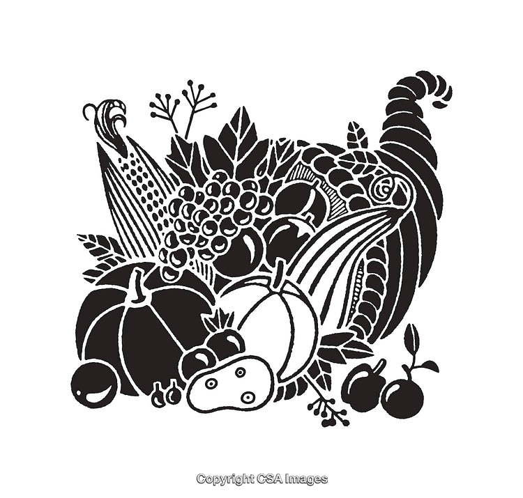 Festive Cornucopia With Pumpkins and Produce Black and White Line Art