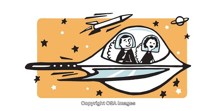 Colorful Cartoon Illustration of Two Figures in a Futuristic Spacecraft