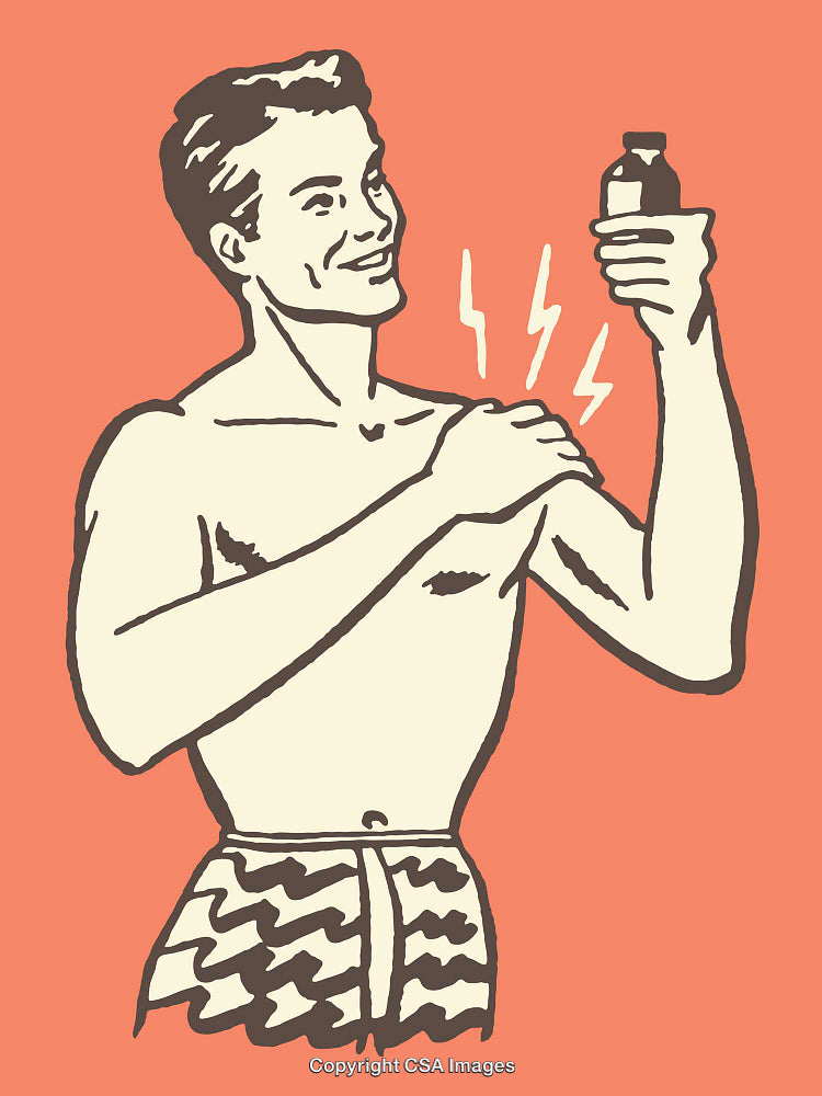 Retro Illustration of Man Holding Bottle and Smiling