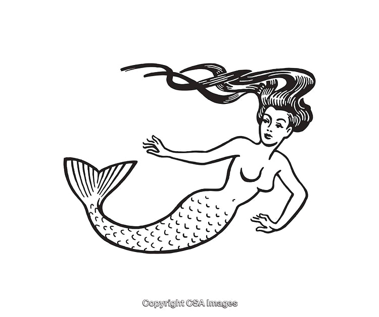 Black and White Illustration of a Mythical Mermaid in Detailed Line Art