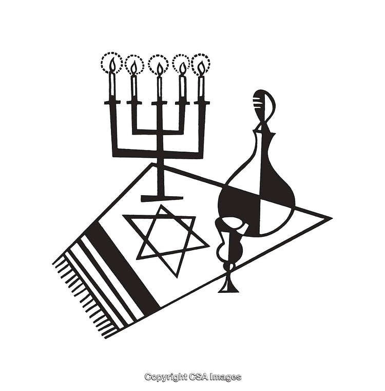 Jewish Religious Symbols in Black and White Line Art Illustration