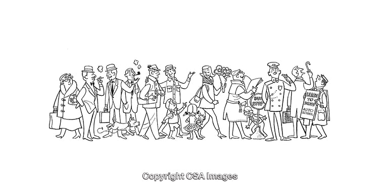 Line Art Illustration Depicting People in Various Activities at a Bus Stop