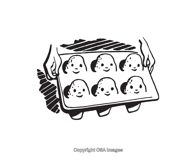 Whimsical Black and White Line Art of Baking Tray with Faces