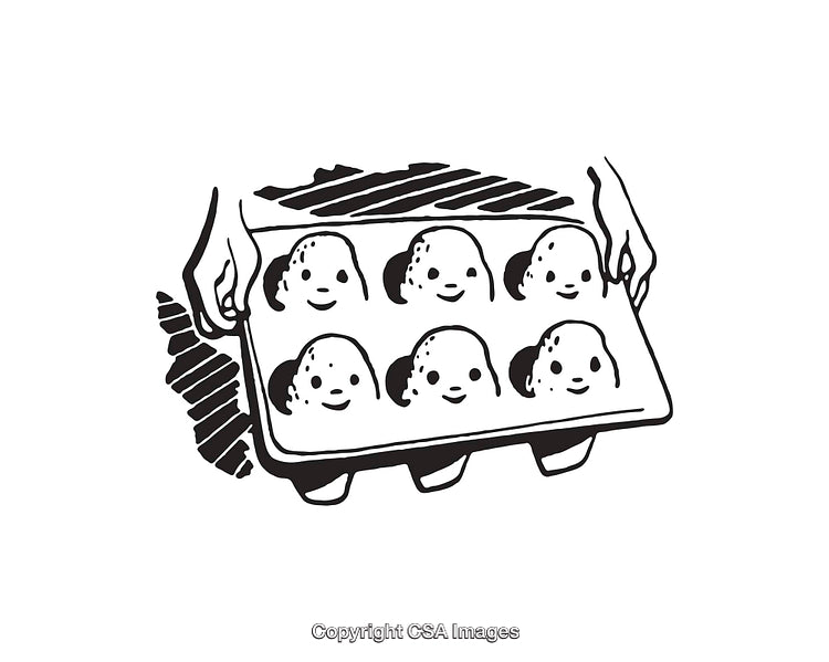 Whimsical Black and White Line Art of Baking Tray with Faces