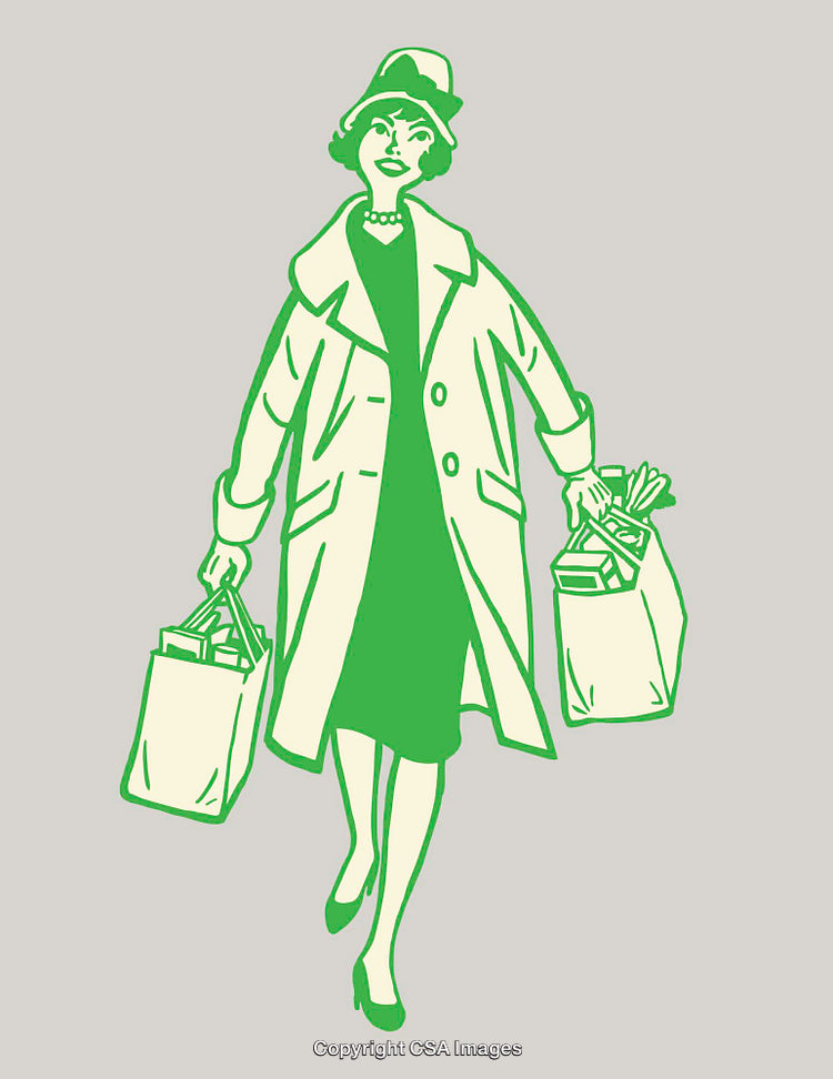 Retro Line Art Illustration of a Woman Carrying Grocery Bags