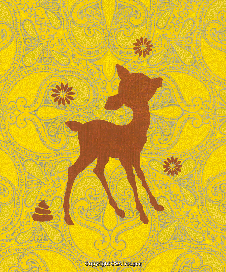 Whimsical Deer Illustration on Vibrant Floral Paisley Backdrop