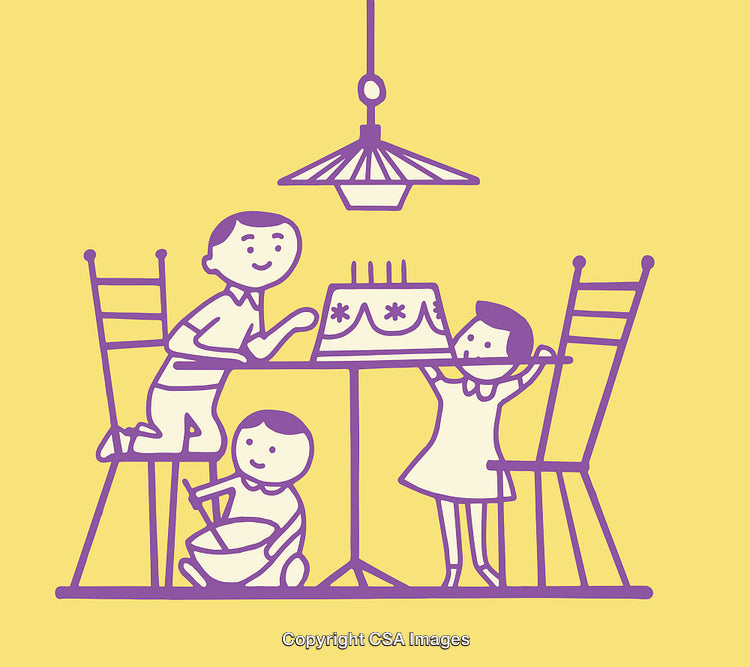 Family Celebrating Around Birthday Cake in Colorful Illustration Style
