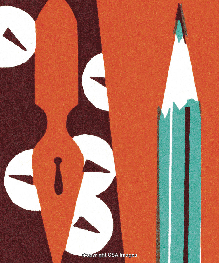 Artistic Composition Featuring a Retro Fountain Pen and Pencil Illustration