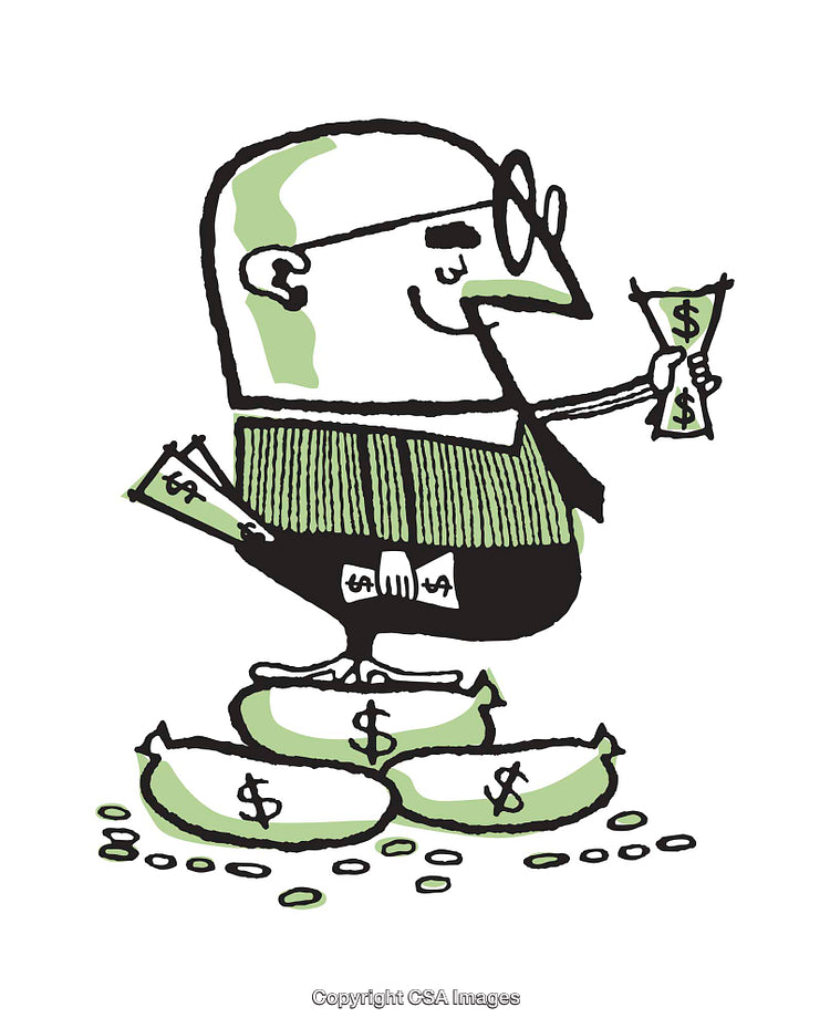 Cartoon Illustration of a Person Handling Money with Dollar Signs