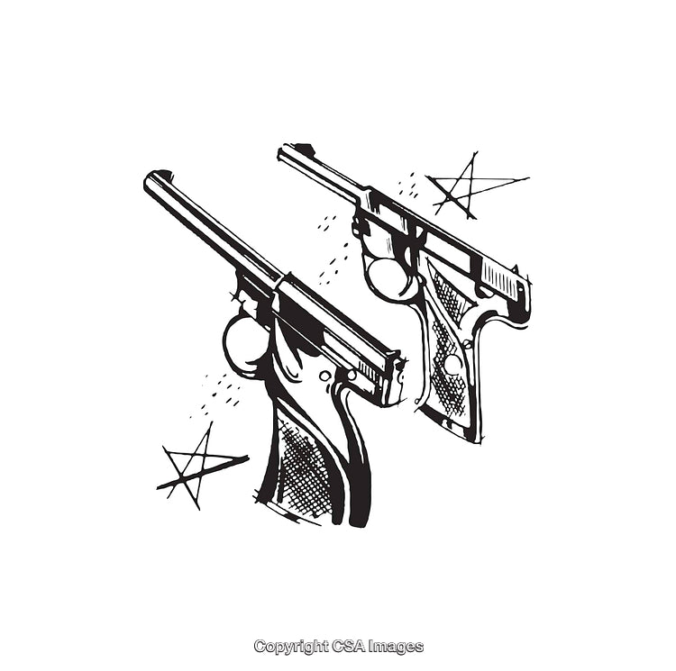 Black and White Line Art Pistols with Decorative Details