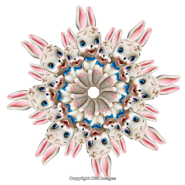 Kaleidoscopic Arrangement of Bunny Figures with Pink and White Details
