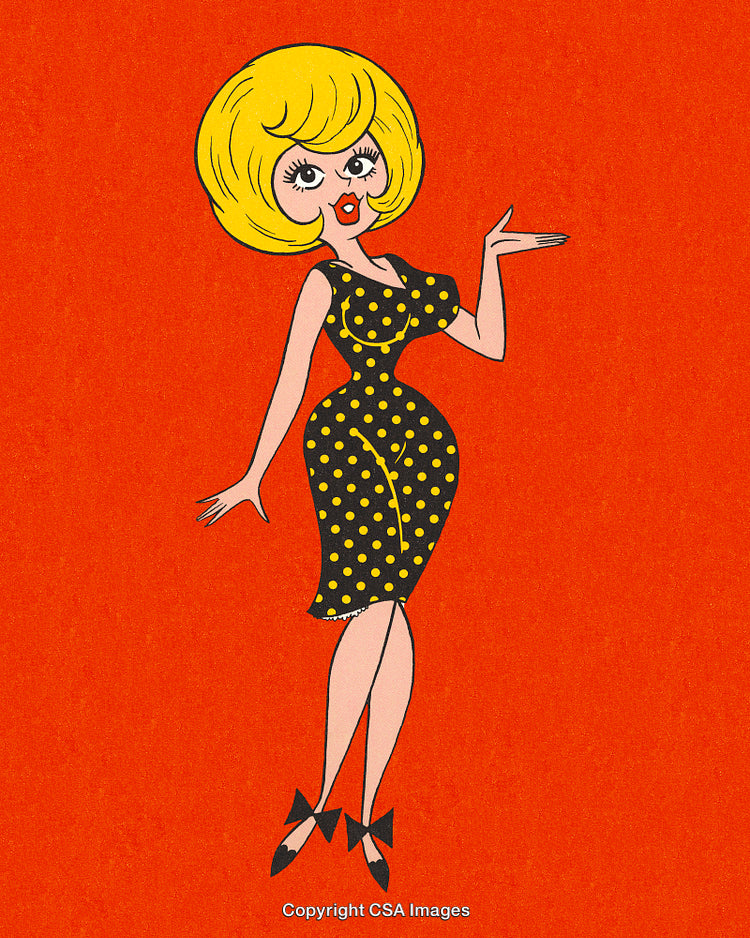 Retro Cartoon Woman in Polka Dot Fashion on Bold Orange Background