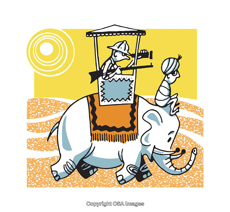 Colorful Illustration of Elephant Ride With Safari Travelers in Desert Scene