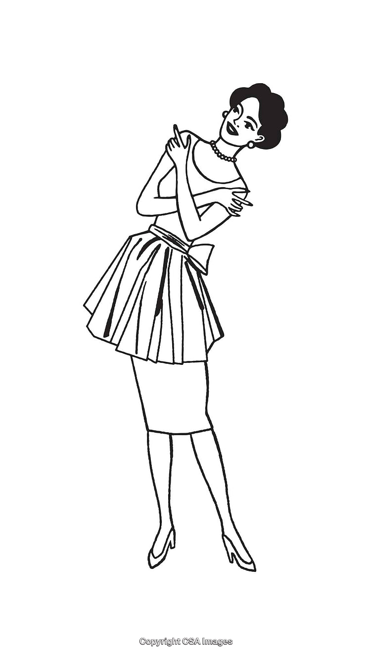 Vintage Black And White Line Art Illustration of a Stylish Woman