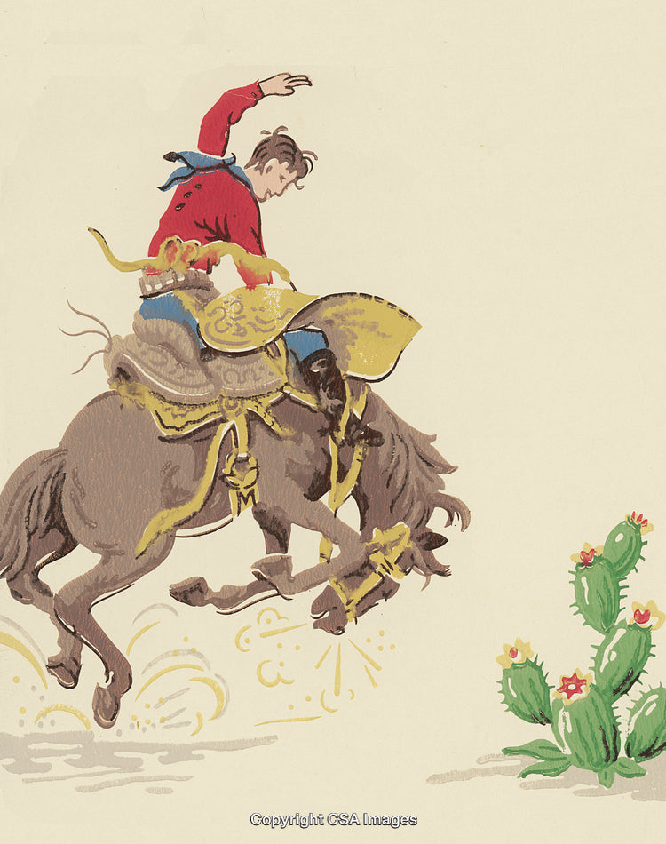 Cowboy Riding Bronco with Cactus in Desert Scene Illustration