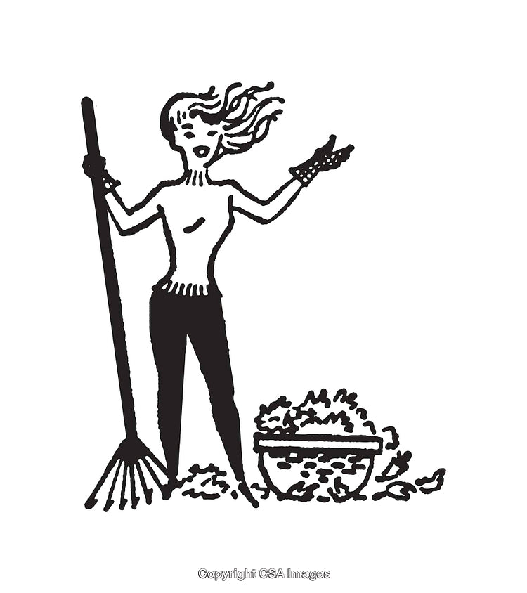 Black and White Illustration of Woman Raking Leaves in Autumn Season