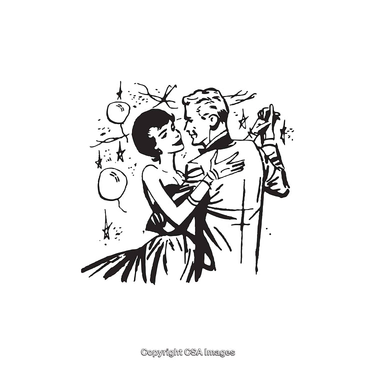 Elegant Couple Dancing in Retro Black and White Line Art Style