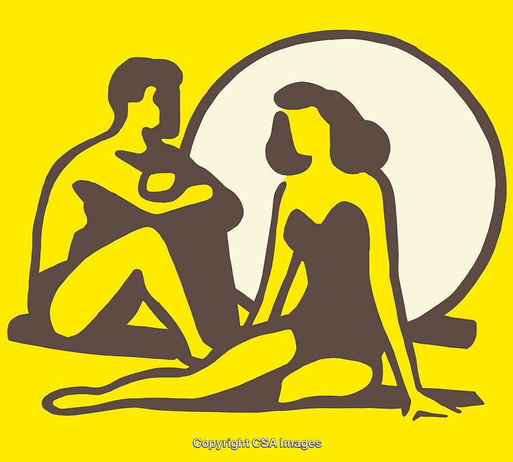 Silhouettes of a Couple in Bright Colorful Retro Line Art Style