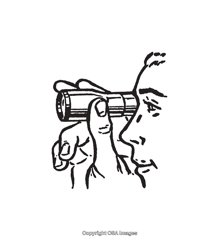Black and White Illustration of Person Looking Through Small Telescope