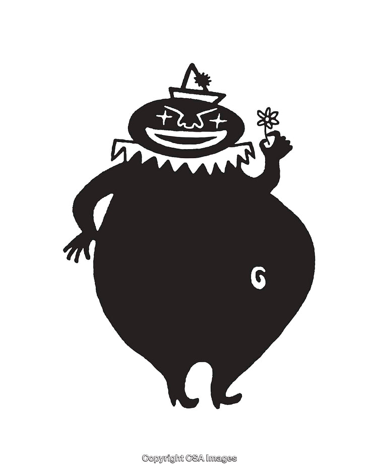 Black and White Illustration of a Whimsical Clown Holding a Small Flower