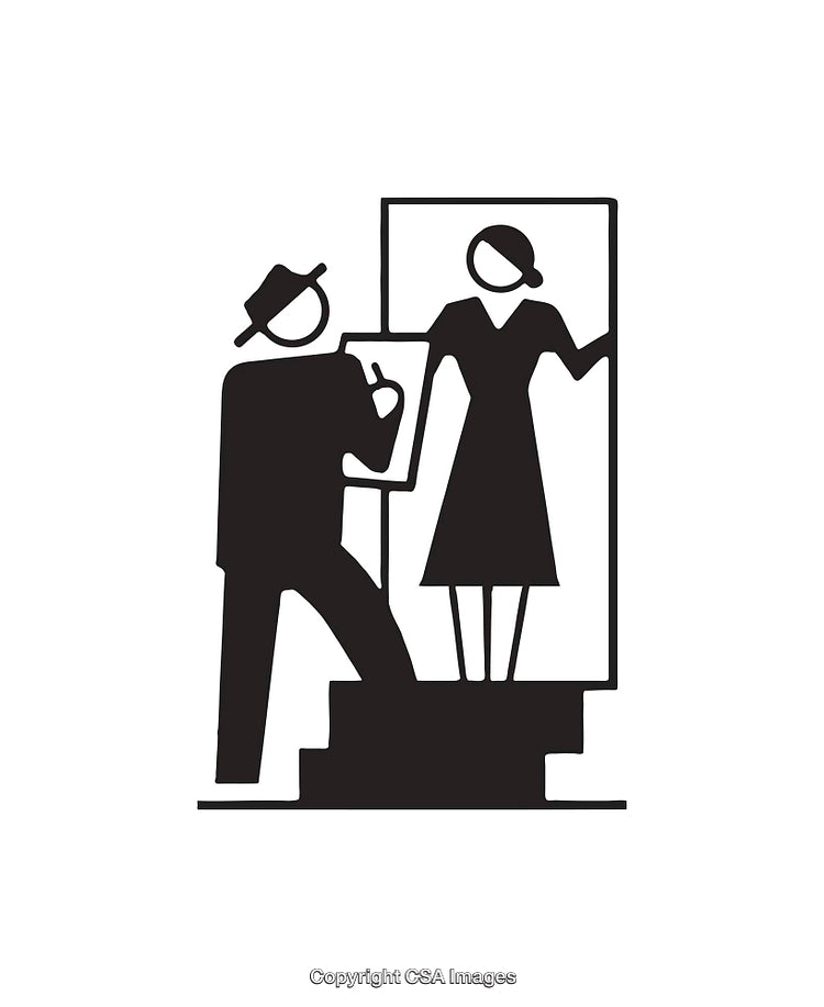 Silhouetted Figures Ascending Stairs with Geometric Layout in Black and White