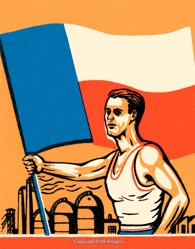 Vibrant Illustration of Athletic Man with Flag and Industrial Background