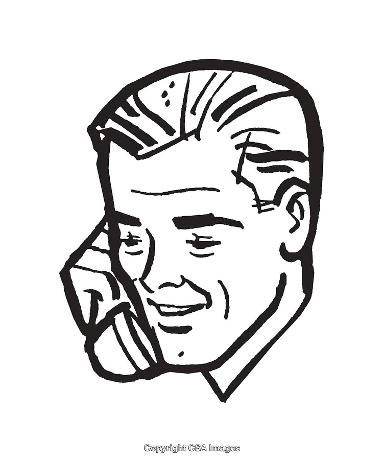 Retro Style Black and White Line Art of a Smiling Man on the Phone