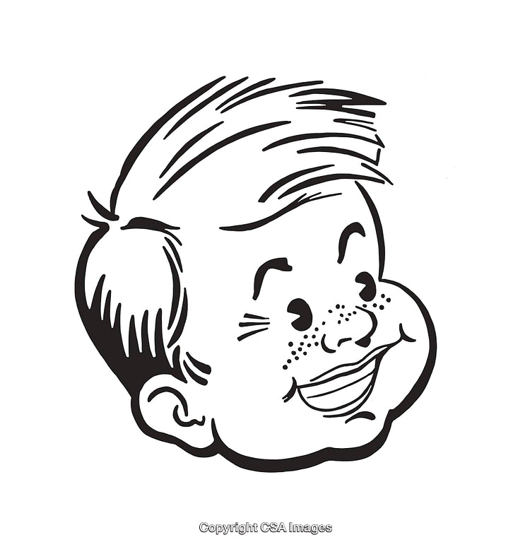 Black And White Line Art Illustration of a Smiling Young Boy