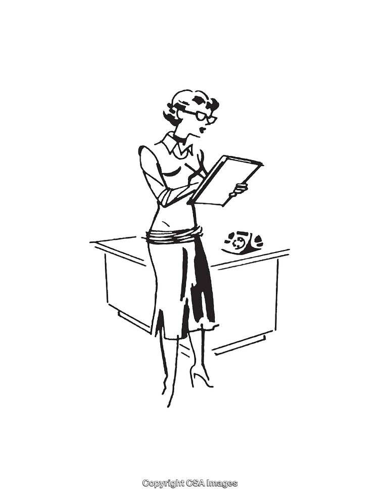 Retro Office Illustration of a Woman Writing on a Clipboard in Black and White