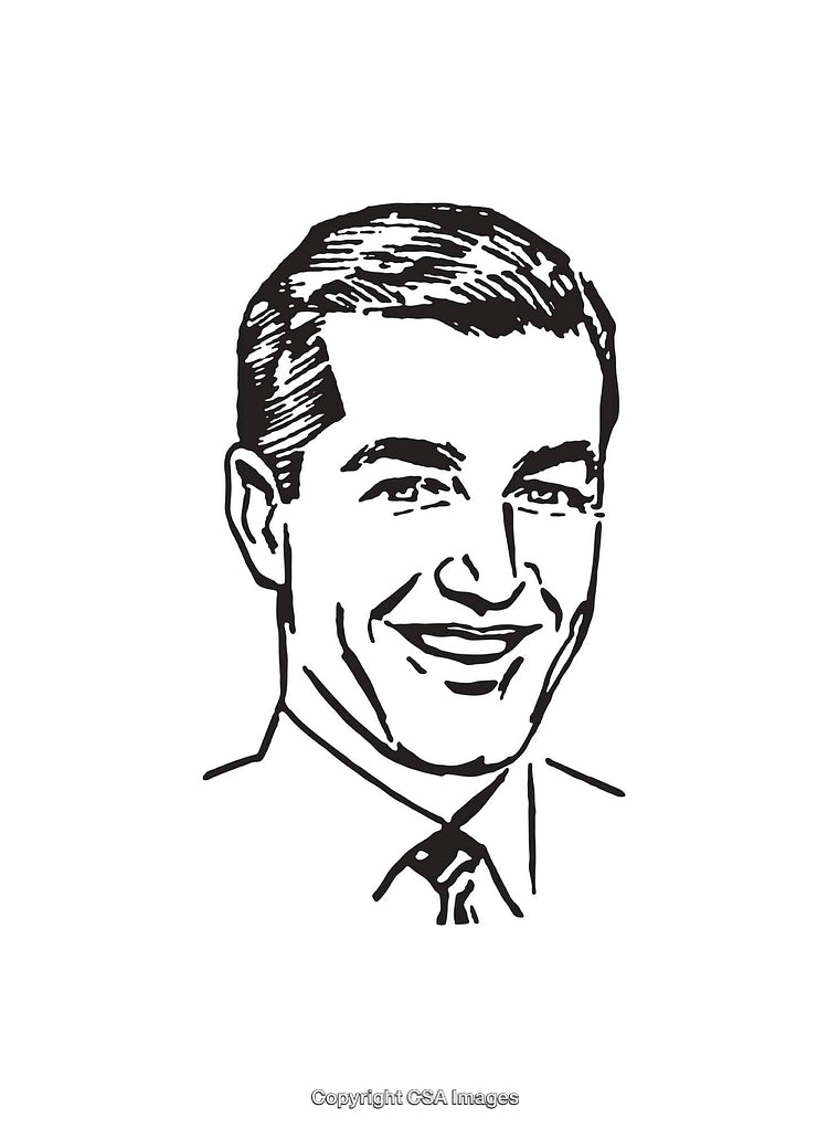 Black and White Line Art of Smiling Man in Vintage Style